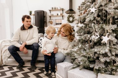 Üç kişilik mutlu bir aile, rahat örülü kazaklar giyip modern bir oturma odası ve mutfakta Noel ağacının yanında oturmuş birlikte sıcak ve şenlikli bir bayram anımızın tadını çıkarıyorlar. Yeni Yıl