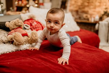 Noel süslemeleri, tatil temalı yastıklar ve pelüş oyuncaklarla çevrili rahat bir evde büyük kırmızı bir kanepede emekleyen ve keşfeden tatlı bir çocuk. Yeni yıl, Noel