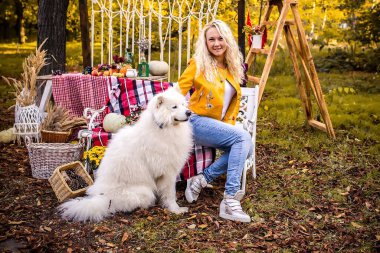 Sarı ceketli mutlu sarışın kadın, büyük beyaz Samoyed köpeğiyle birlikte sonbaharda süslenmiş bir parkta bir bankta poz veriyor. sonbahar konsepti