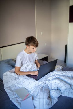 Evde rahat bir şekilde yatarken ya da otururken bilgisayarına odaklanmış, ders çalışan ya da uzaktan çalışan bir çocuk.