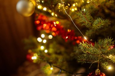 Kırmızı süslemelerle süslenmiş bir Noel ağacı dalına yakın çekim ve ışıl ışıl beyaz ip ışıkları yumuşak bir arka plan efekti yaratır. 