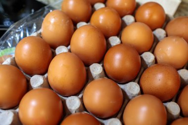 Geniş bir karton tepsiyi dolduran taze kahverengi tavuk yumurtalarının yakın çekimi yumurta kabuklarının doğal, hafif benekli dokusunu gözler önüne seriyor.