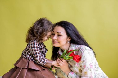 Şefkatli anne ve kıvırcık kız alınlarına dokunuyor ve stüdyoda sarı arka planda kırmızı laleler tutuyor. Anne ve kız, annelik, Anneler Günü, 8 Mart