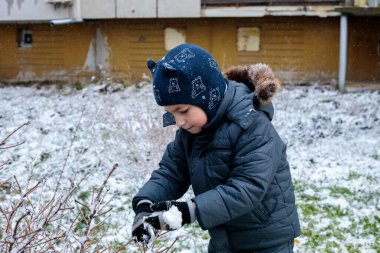 Kışın bahçede karla kaplı çalıları keşfeden küçük bir çocuk, ilk kar yağışında dallara dokunan çocuk, açık havada çocukluk anı, kış doğası ve merak.
