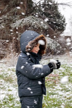 Kışın açık havada ilk kar yağışının keyfini çıkaran çocuk, kürk kapüşonlu ve eldivenli kalın bir ceket giyiyor, parkta gülümsüyor ve kar tanelerini yakalıyor, soğuk havada doğal çocukluk anı.