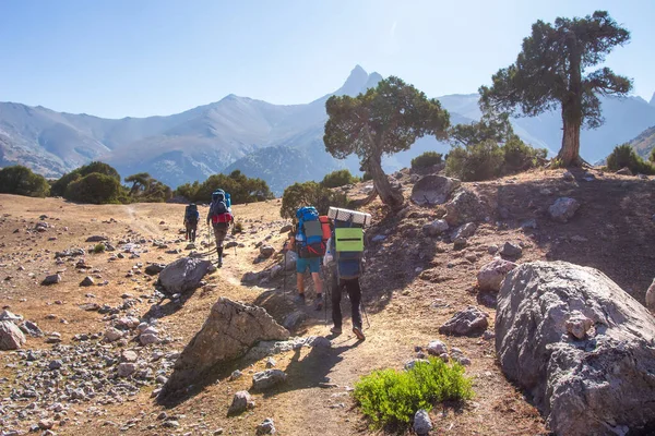 Dağlarda Grup Yürüyüşü Grup Turistleri Zirveye Tırmanır Sırt Çantasıyla Seyahat — Stok fotoğraf