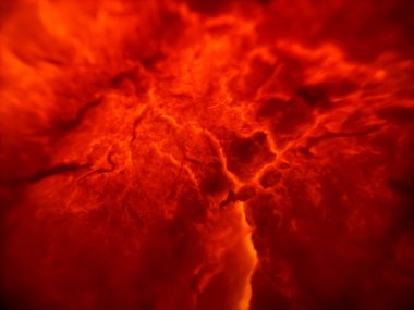 Yoğun turuncu ve kırmızı tonlara sahip, ateşli veya erimiş dokulara benzeyen soyut bir resim.. 