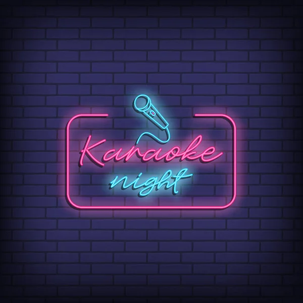 Karaoke gecesi neon levhası. Çerçevede mikrofon, yetenek yarışmaları ve müzik kutlamaları için harika.