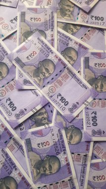 Hindistan 100 Rupi 'nin portre görüntüsü. Banknotlar Yayılmış ve Dağılmış. Hint parası. Renkli para Arkaplanı