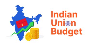 Hint Birliği Bütçe Kavramı Kırmızı Zarf, Ekonomik Büyüme ve Rupee Sembol Vektör İllüstrasyon Afişi içeren Hint Haritası