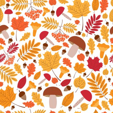 Dikişsiz sonbahar tasarlamak vektör yaprak, oaks, üvez meyveleri ve mantar ile