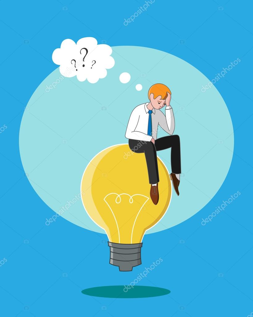 blanding bjærgning tag på sightseeing Thinking businessman. Man is thinking while sitting idea on light bulb, lamp.  Stock Vector by ©irinelle 122131364
