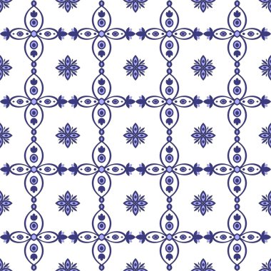 Portekizce azulejos ile geleneksel dikişsiz karo deseni. Beyaz ve mavi azulejo desen tasarım vektörü.