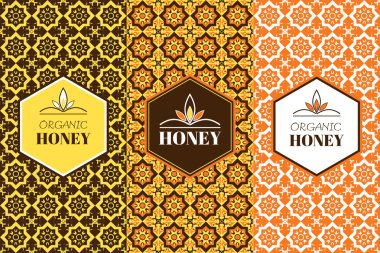 Vektör bal paketleme şablon sorunsuz süs desenleri ile. Organik, doğal ve çiftlik bal paket. Etiket ve ambalaj veya tasarım çiçek süsleme ile kaydırma tatlım için Etiketler.