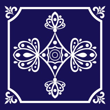 Kiremit deseni dikişsiz vektör mavi ve beyaz renk. Azulejo, Portekizce fayans, İspanyolca, Fas, Meksika talavera, türk veya delft hollanda karoları tasarımı.
