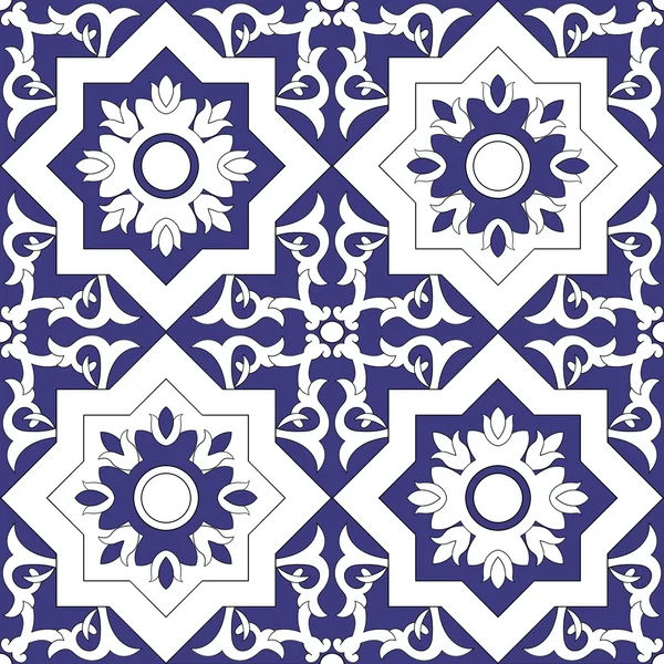 Ornamental pattern seamless vector blue and white color. Azulejo, portuguese tiles, celtic, spanish, moroccan, talavera, turkish or delft dutch tiles design with flowers motifs. — Stock Vector