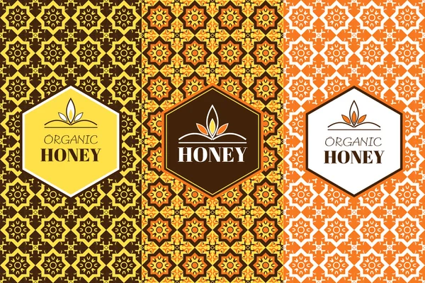 Vector honey packaging template with seamless ornamental patterns. Organic, natural and farm honey package. Labels and tags for honey packaging or wrapping design with flower ornament. — Stock Vector