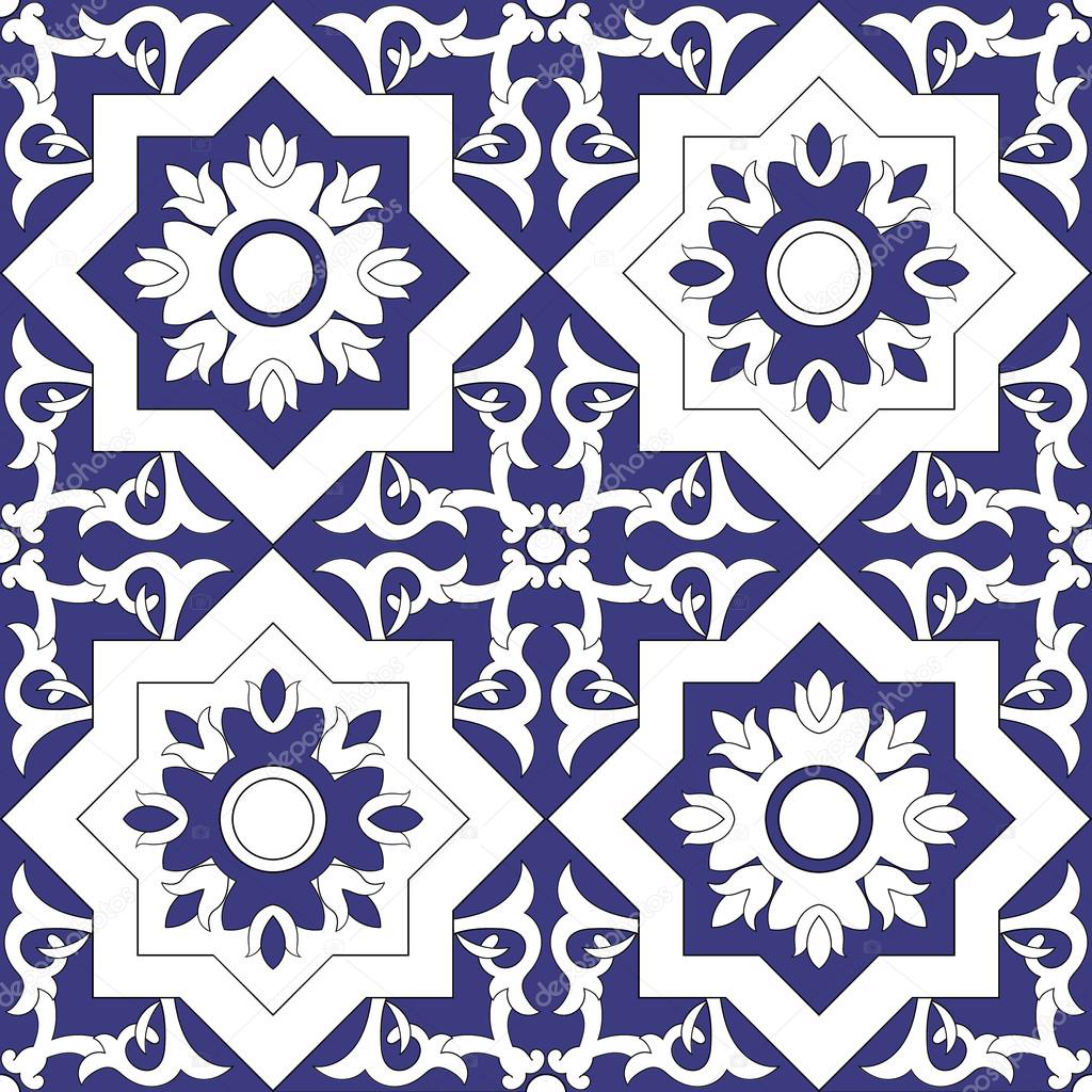 Ornamental pattern seamless vector blue and white color. Azulejo, portuguese tiles, celtic, spanish, moroccan, talavera, turkish or delft dutch tiles design with flowers motifs.