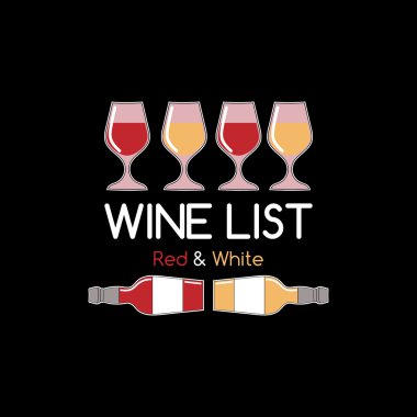 Şarap listesi amblemi bar veya restoran şarap bardakları ve şişeler. Şarap tadımı tasarım öğesi. Şarap menüsü, bağ, şaraphane veya şarap dükkanı için etiket
