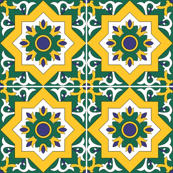 Tile pattern vector seamless with flowers motifs. Azulejo, portuguese tiles, spanish, moroccan, turkish, islamic or arabic tiles design. Tiled print for wrapping, background or ceramic. — Stock Vector