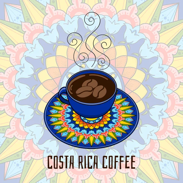 Costa Rica café ilustração multicolor. Xícara de café com placa ornamental. Para banner, panfleto, cartaz ou design turístico . —  Vetores de Stock