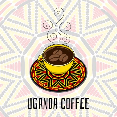 Uganda kahve vektör çizim. Kahve fincanı dekore plakalı. Süs güneş arka plan. Afiş, el ilanı, afiş veya turist içecek ve gıda tasarım için tasarım.