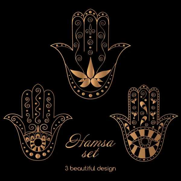 Hamsa set vector. Golden black oriental ornament. Hand of Fatima - arabic symbol.  Lucky talisman. — Stock Vector