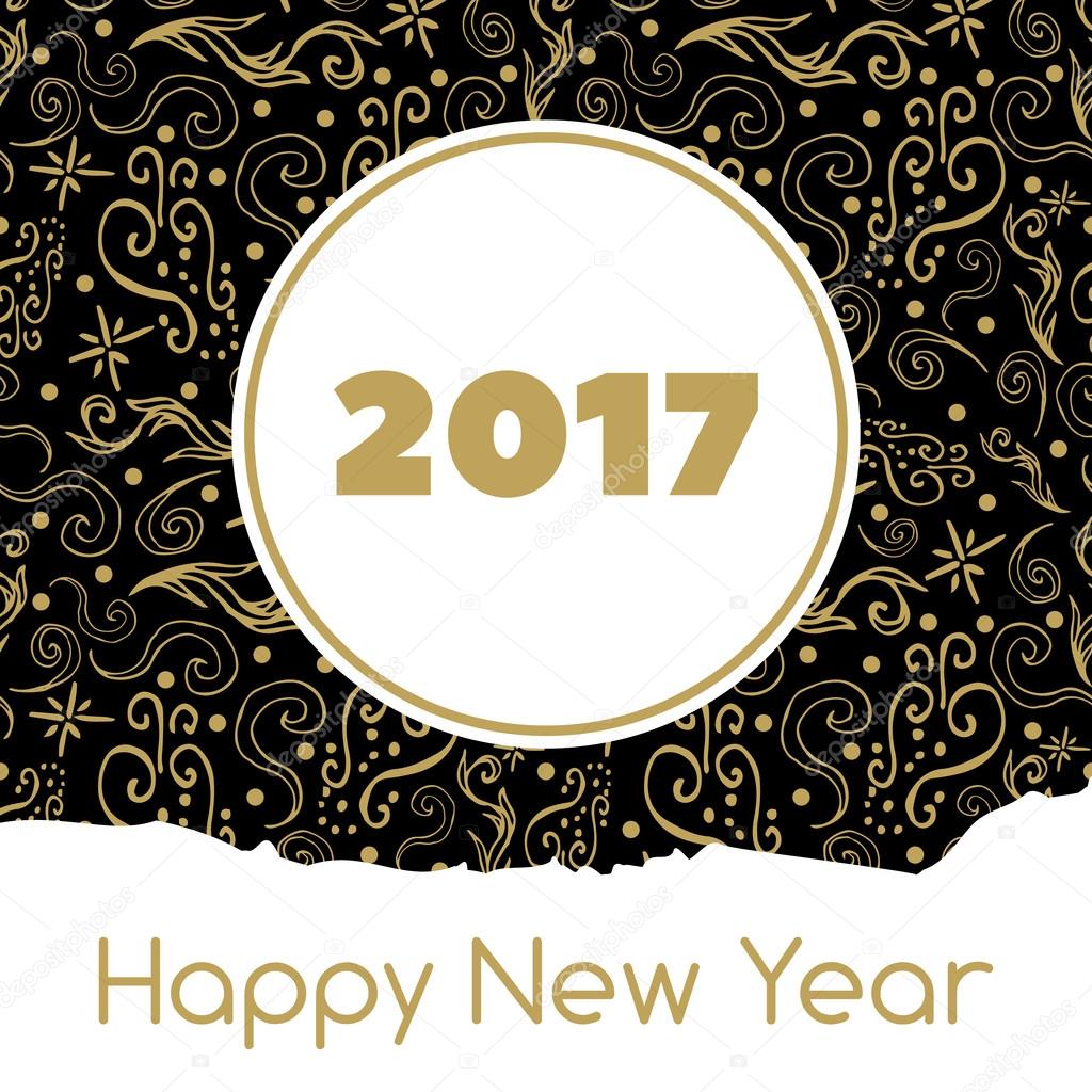 Happy New Year 2017 card vector with frost gold black ornament background. Design for gift or greeting concept, postcard, cover or label.