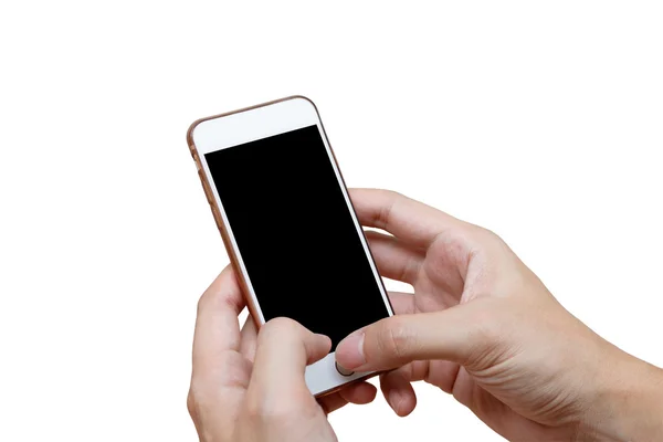 Menselijke hand met witte telefoon op zwart scherm geïsoleerd met uitknippad — Stockfoto
