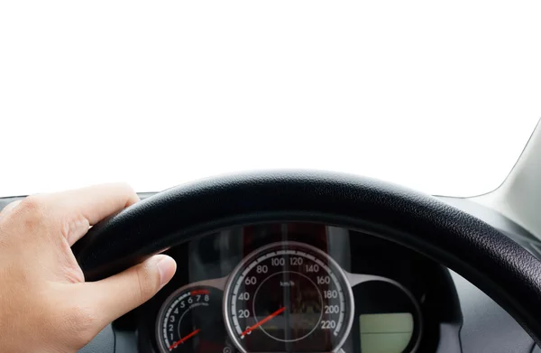 Ręce człowieka kierowcy na kierownicy samochodu minivana na asfaltowej drodze, wewnątrz samochodu deski rozdzielczej na białym tle — Zdjęcie stockowe
