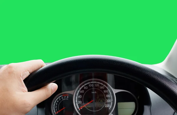 Ręce mężczyzny kierowcy na kierownicy samochodu minivana na jak — Zdjęcie stockowe