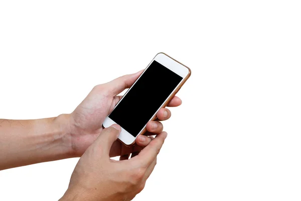 Человеческая рука держит белый телефон на черном экране изолирован с вырезкой путь — стоковое фото