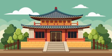 Geleneksel Kore Hanok evi. Sükûnet içinde taş duvar çiti olan.