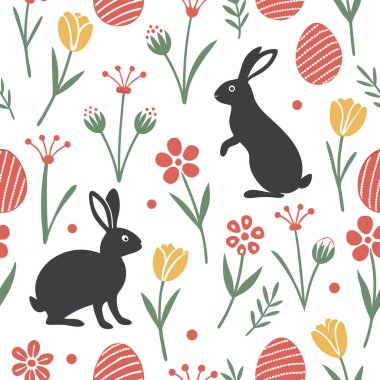 Paskalya yumurtaları, çiçekler ve beyaz arka planda izole edilmiş tavşanlardan oluşan kusursuz desenlerin taşıyıcısı. Paskalya Günü için.