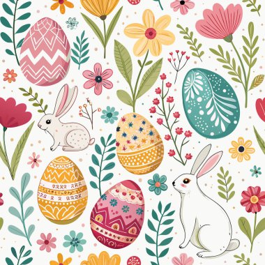 Paskalya yumurtaları, çiçekler ve beyaz arka planda izole edilmiş tavşanlardan oluşan kusursuz desenlerin taşıyıcısı. Paskalya Günü için.