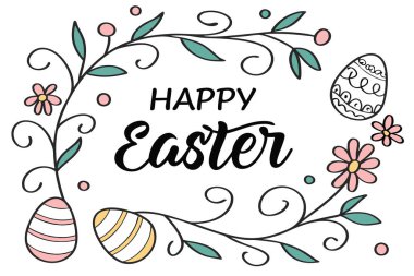 Beyaz arka planda izole edilmiş çiçek ve yumurta süslemeli el yapımı Mutlu Paskalya metni taşıyıcısı. Paskalya Günü için