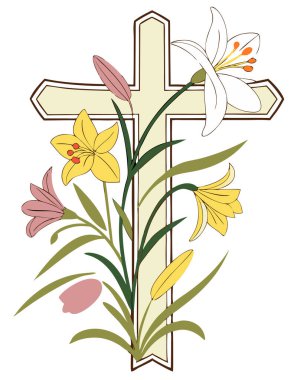 Paskalya için bahar çiçekleriyle süslenmiş, beyaz arka planda izole edilmiş bir Hıristiyan haçı taşıyıcısı. Paskalya Günü için.