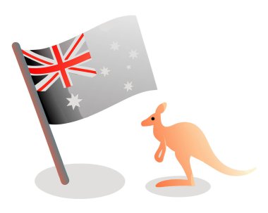 Avusturalya ulusal bayrağı stilize vektör tarzında sınırlayan bir kangurunun yanında, beyaz üzerinde temiz tasarım