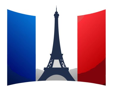 Zarif Eyfel Kulesi silüetiyle Frances 'in üç renkli bayrağını gösteren temiz bir vektör, beyaz arkaplanda klasik kültürel kombinasyon