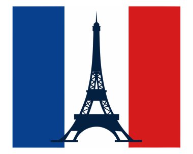 Zarif Eyfel Kulesi silüetiyle Frances 'in üç renkli bayrağını gösteren temiz bir vektör, beyaz arkaplanda klasik kültürel kombinasyon