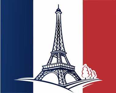 Zarif Eyfel Kulesi silüetiyle Frances 'in üç renkli bayrağını gösteren temiz bir vektör, beyaz arkaplanda klasik kültürel kombinasyon