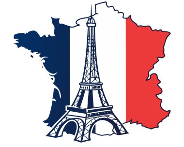 Zarif Eyfel Kulesi silüetiyle Frances 'in üç renkli bayrağını gösteren temiz bir vektör, beyaz arkaplanda klasik kültürel kombinasyon