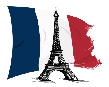 Zarif Eyfel Kulesi silüetiyle Frances 'in üç renkli bayrağını gösteren temiz bir vektör, beyaz arkaplanda klasik kültürel kombinasyon