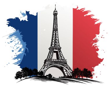 Zarif Eyfel Kulesi silüetiyle Frances 'in üç renkli bayrağını gösteren temiz bir vektör, beyaz arkaplanda klasik kültürel kombinasyon