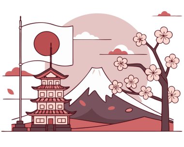 Fuji Dağı ve Sakura çiçekleri ile birlikte Japon ulusal bayrağının vektör çizimi, geleneksel tasarım beyaz arka planda izole edildi