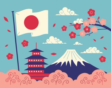 Fuji Dağı ve Sakura çiçekleri ile birlikte Japon ulusal bayrağının vektör çizimi, geleneksel tasarım beyaz arka planda izole edildi