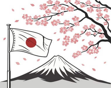 Fuji Dağı ve Sakura çiçekleri ile birlikte Japon ulusal bayrağının vektör çizimi, geleneksel tasarım beyaz arka planda izole edildi
