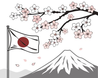 Fuji Dağı ve Sakura çiçekleri ile birlikte Japon ulusal bayrağının vektör çizimi, geleneksel tasarım beyaz arka planda izole edildi