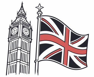 İngiliz bayrağı, detaylı Big Ben saat kulesi vektörü klasik İngiliz kimlik sembolü, beyaz üzerinde temiz bir şekilde izole edilmiş.