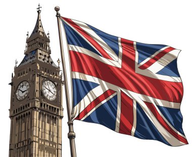 İngiliz bayrağı, detaylı Big Ben saat kulesi vektörü klasik İngiliz kimlik sembolü, beyaz üzerinde temiz bir şekilde izole edilmiş.